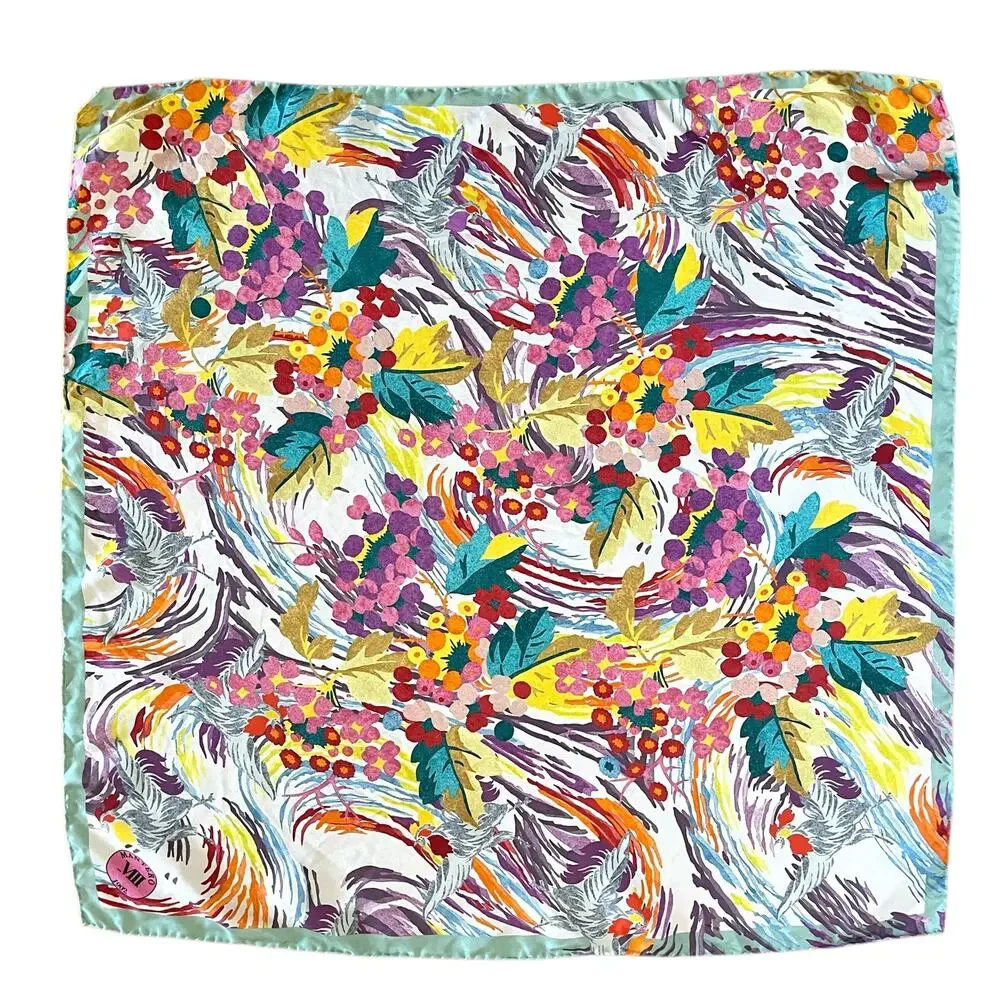 Mantero 1902 Colorful Floral Phoenix Bird Silk Twill Neckerchief Square Scarf